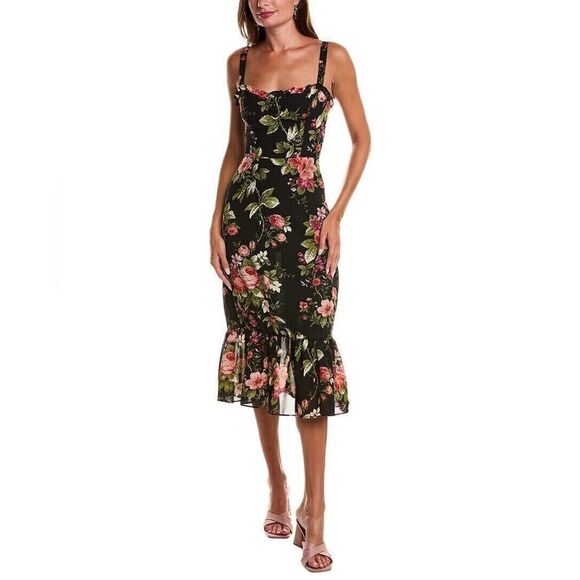 JL Luxe Tie-Shoulder Black Floral Midi Dress - Size Medium - Picture 1 of 3